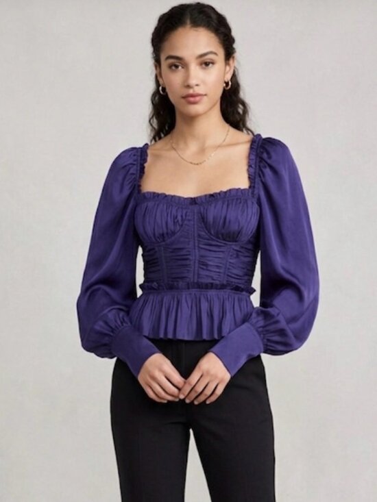 Ulla Johnson Tops - Ulla Johnson Mia Ruched Satin Peplum Blouse in Purple